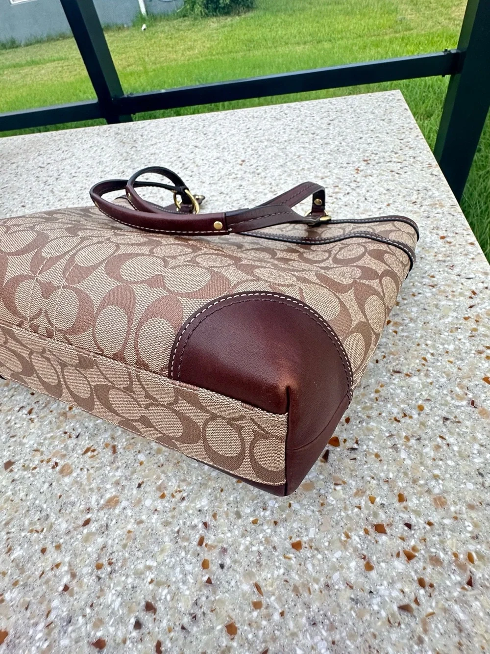 Coach Brown Signature Canvas Tote with Cream Stripe